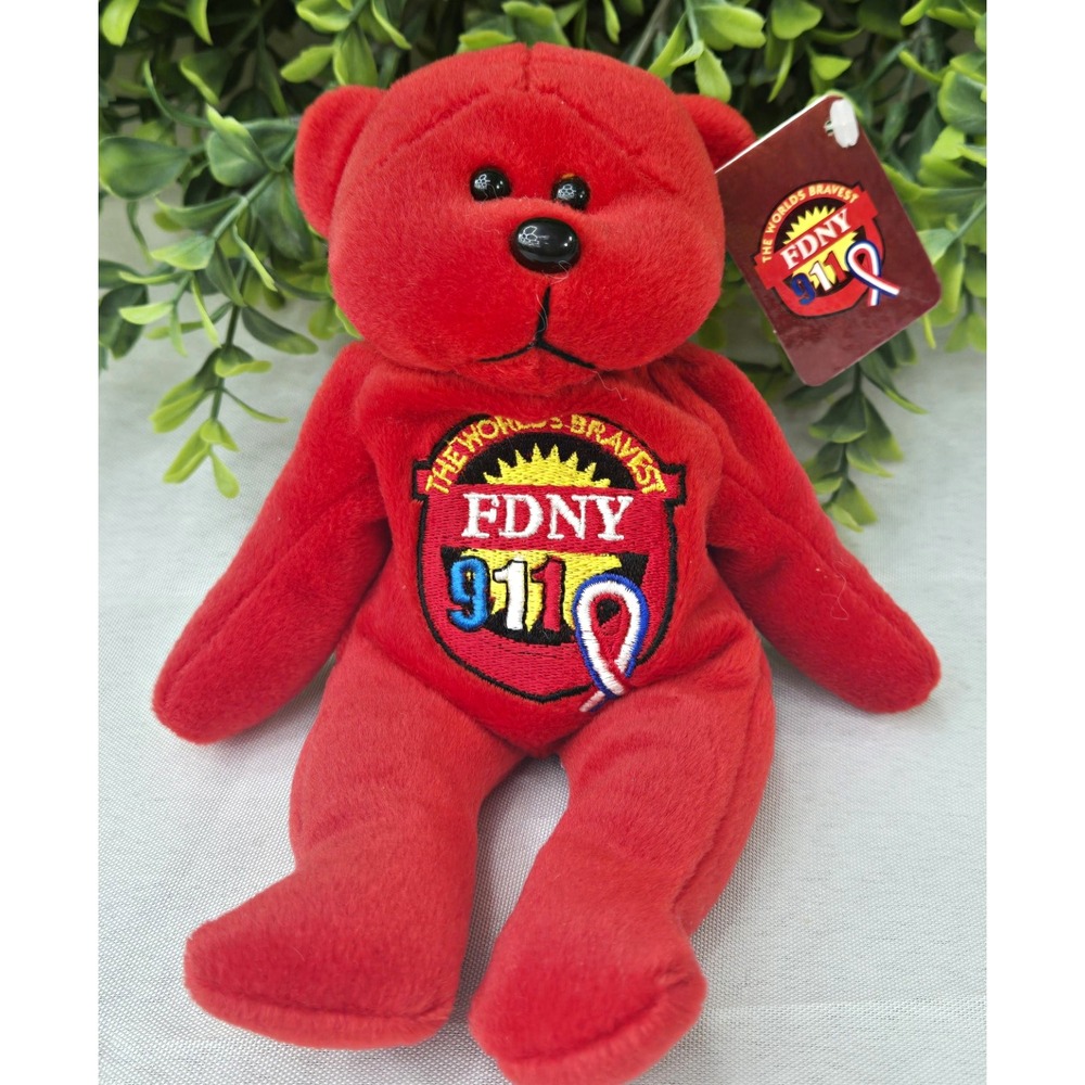 VTG 2001 Plushland FDNY The Worlds Bravest 911 Red Bear Stuffed Animal 8" NWT